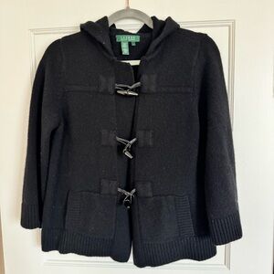 Lauren Ralph Lauren Women's 100% Lambs Wool Toggle Cardigan Sweater Black Hooded